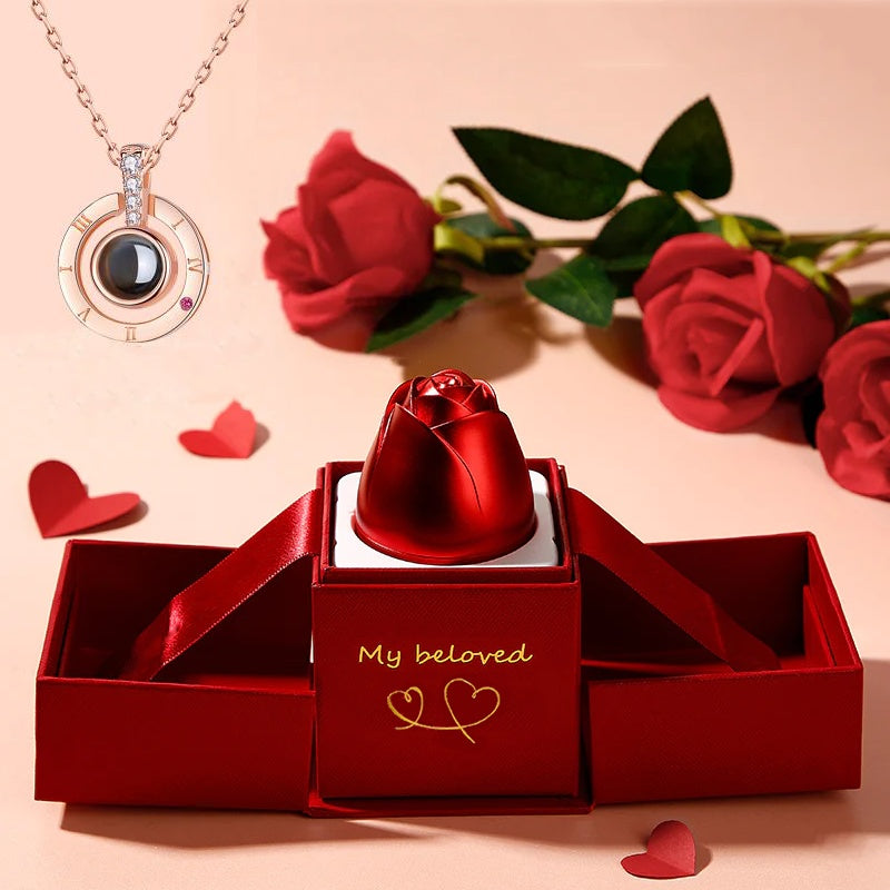 Metal Rose Jewelry Gift Box with Necklace