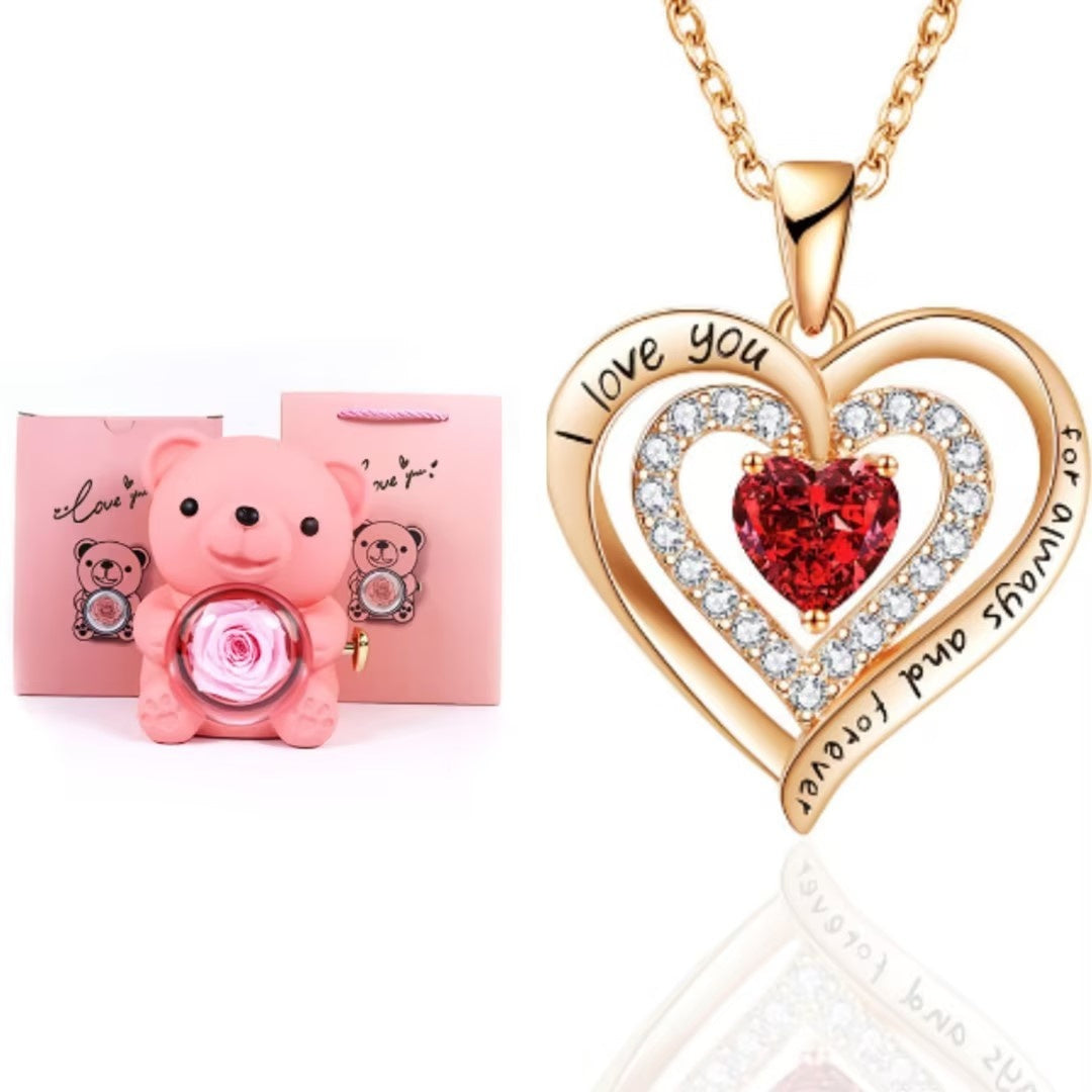 Eternal Rose Teddy Bear Gift Box with Necklace