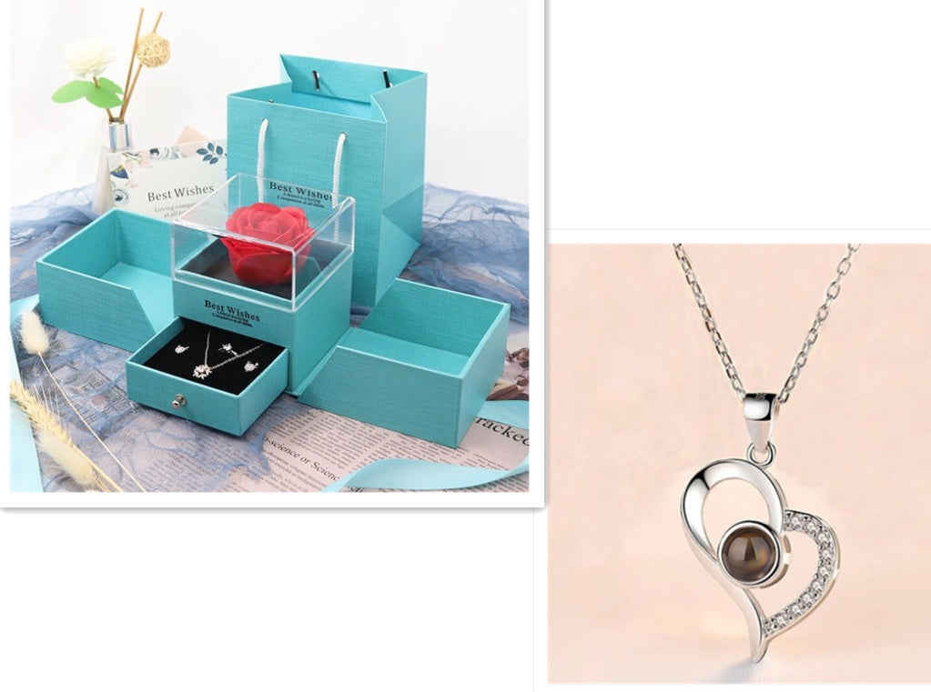 Metal Rose Jewelry Gift Box with Necklace