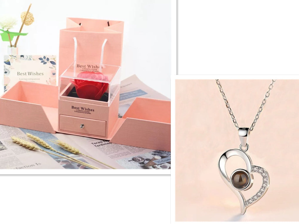 Metal Rose Jewelry Gift Box with Necklace