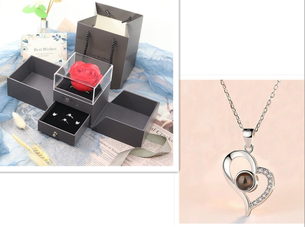 Metal Rose Jewelry Gift Box with Necklace