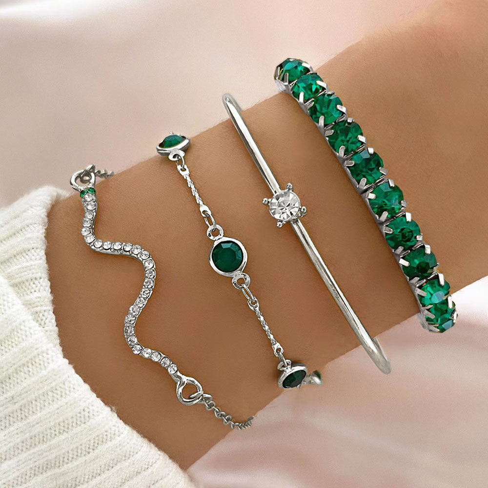 Green Diamond Stretch Bracelet Set (4-Piece)