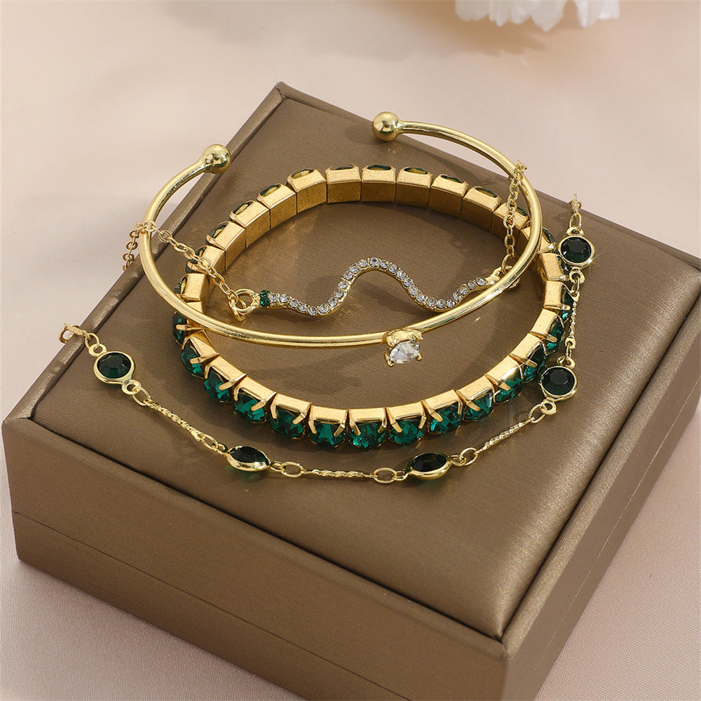 Green Diamond Stretch Bracelet Set (4-Piece)